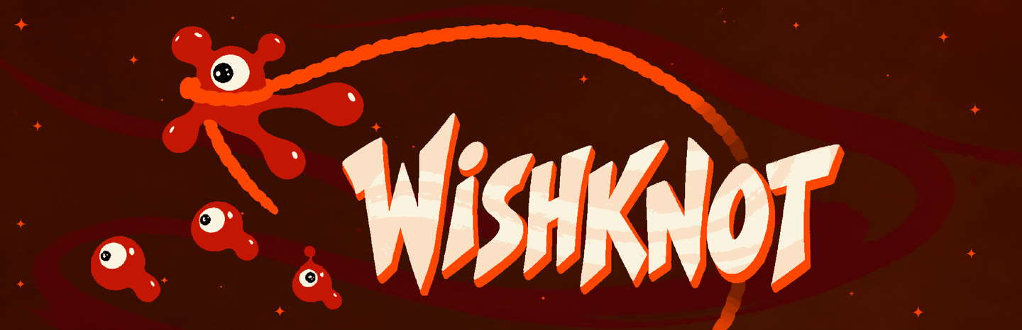 Wishknot logo. A red one-eyed blob is caught in an orange rope, with three smaller blobs drifting below.