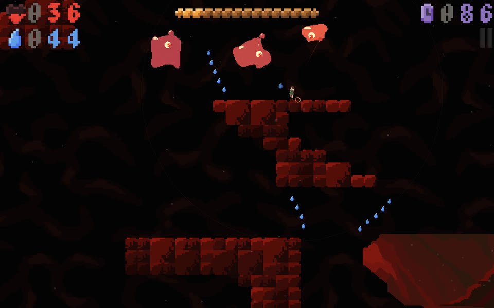 Gracie stands on a ledge of red rock while pink blob enemies drift overhead.