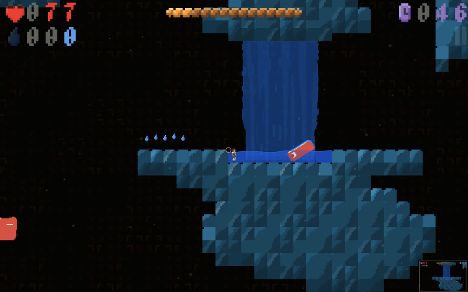 Gracie stands at the foot of a waterfall on a blue stone island, next to a sunken red crate.