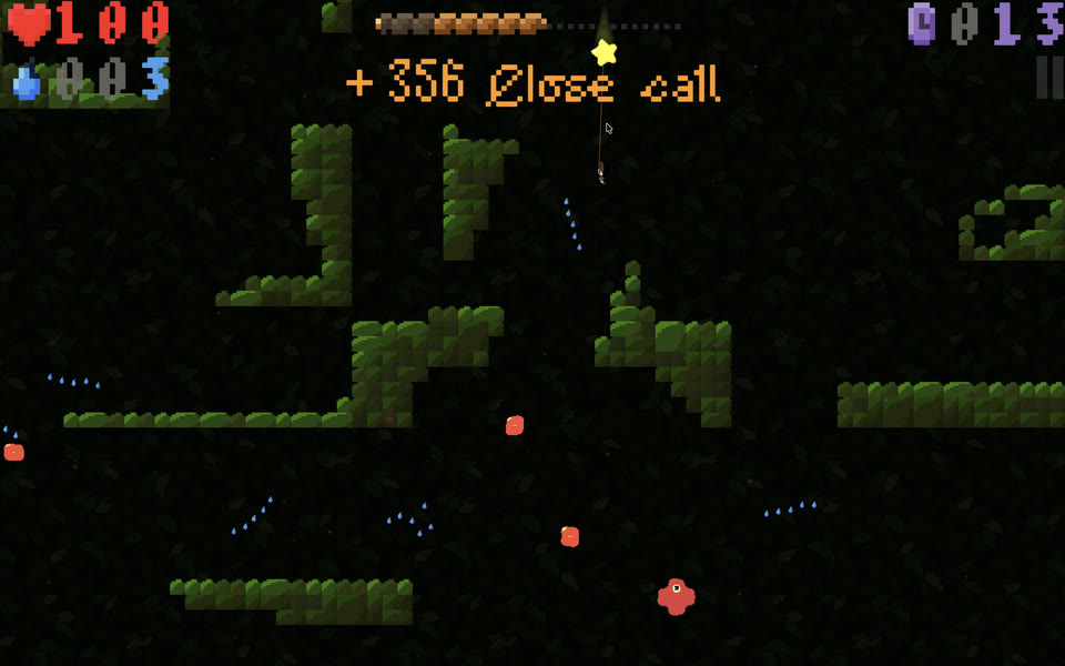 A '+356 Close call' bonus pops up as Gracie hangs from a star above mossy green ruins.