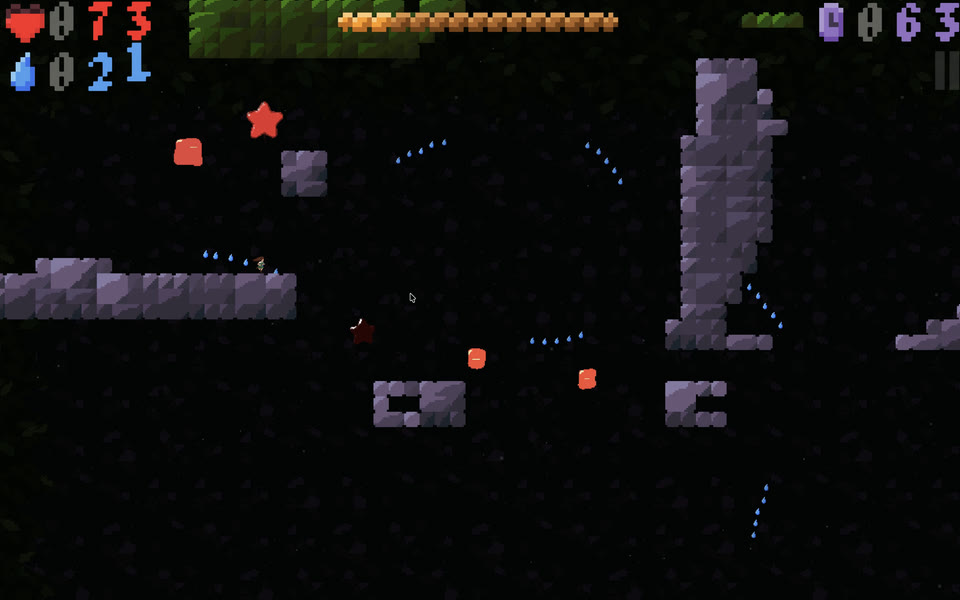 Purple stone ruins and a tall pillar, with red stars and blobs floating in the dark.