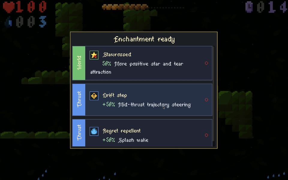 The Enchantment ready menu offers Starcrossed, Drift step and Regret repellent.