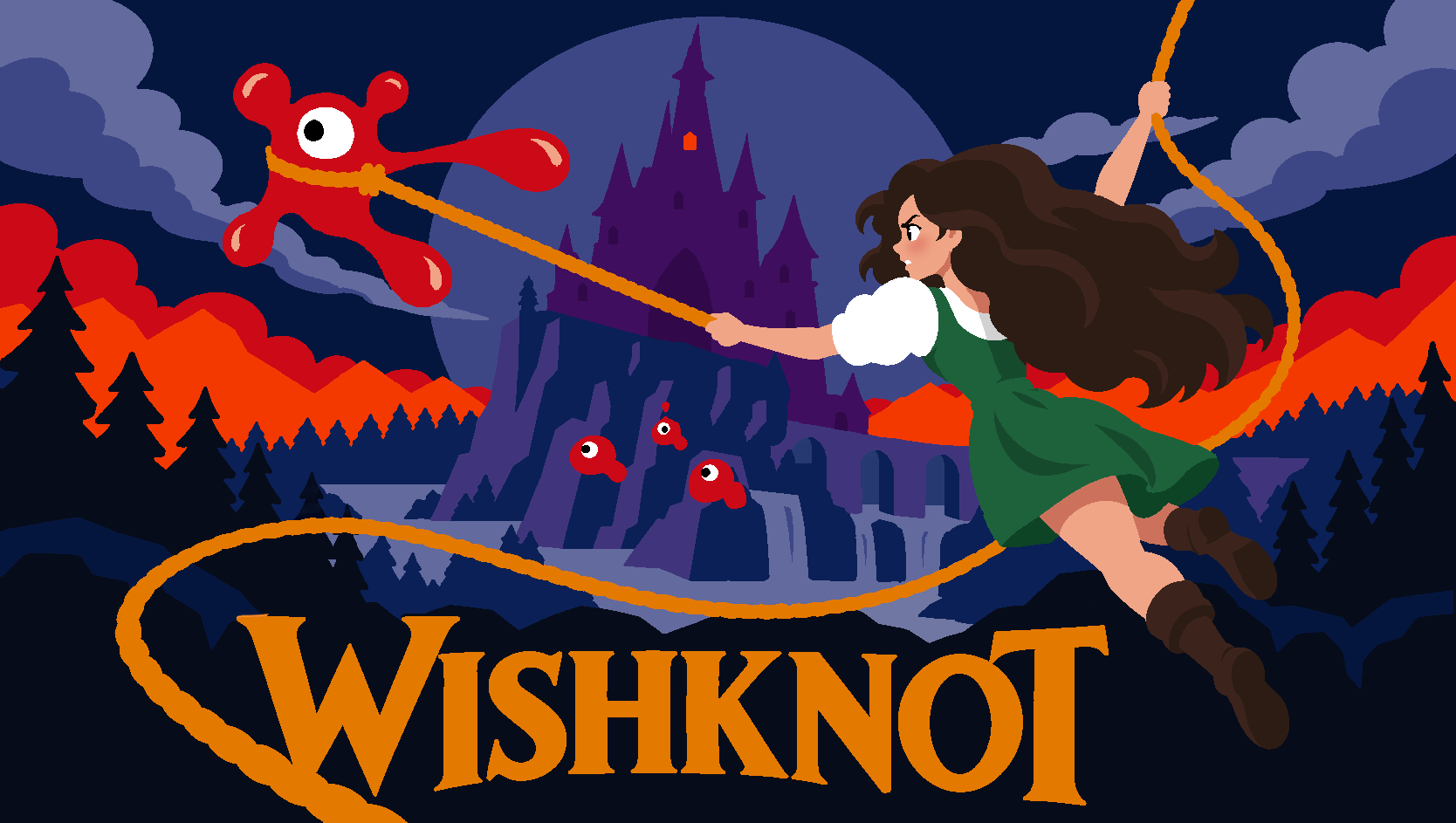 Wishknot key art: a girl in a green dress swings on an orange rope, lassoing a red one-eyed creature, with a castle under a full moon behind her.